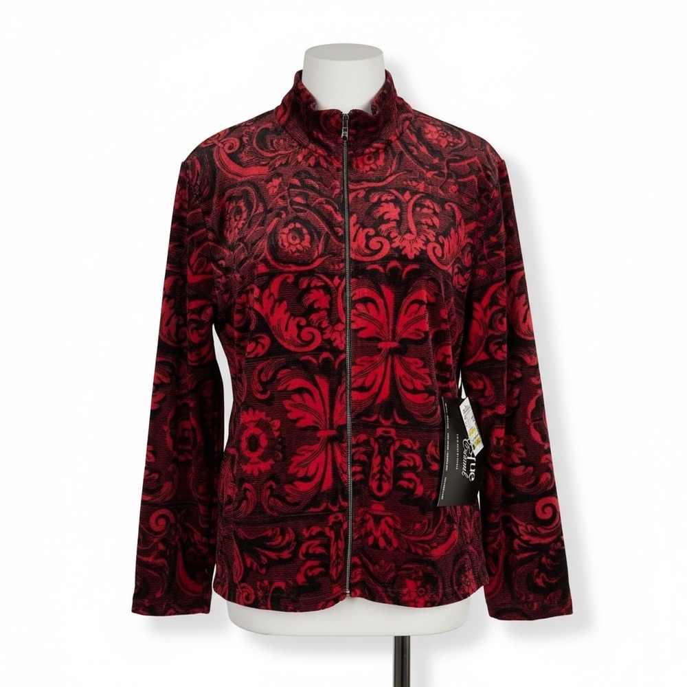 Onque Casual Red‎ Black Damask Print Velour Zip Up Jacket 2X